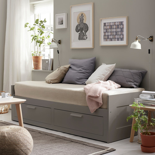 BRIMNES Day-bed w 2 drawers/2 mattresses, grey/Vannareid firm, 80x200 cm