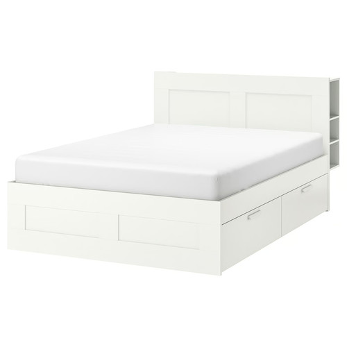 BRIMNES Bed frame w storage and headboard, white, Lönset, 160x200 cm