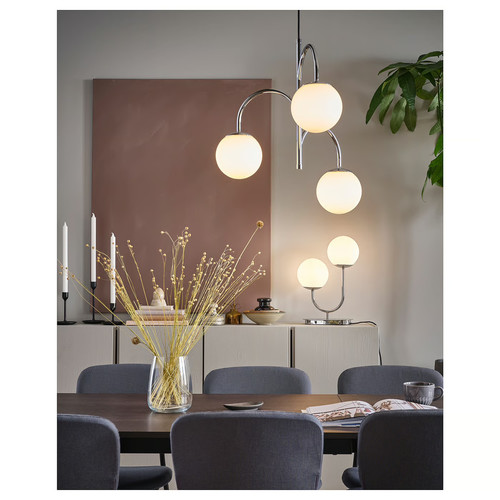 SIMRISHAMN Pendant lamp, 3-armed, chrome-plated, opal white glass