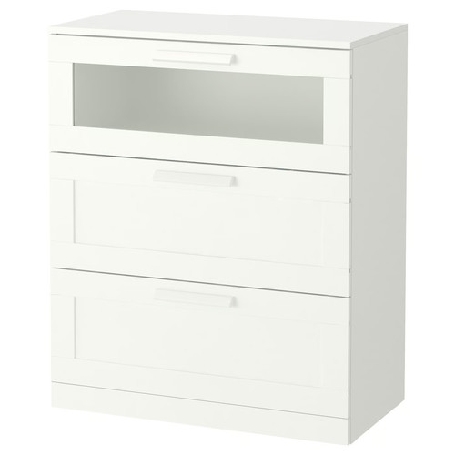 BRIMNES Chest of Drawers, 3 drawers, white/frosted glass, 78x95 cm