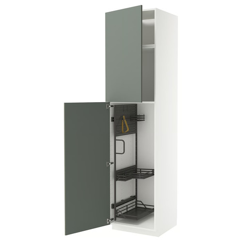 METOD High cabinet with cleaning interior, white/Nickebo matt grey-green, 60x60x240 cm