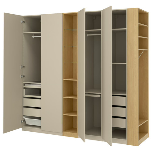 PAX / REINSVOLL Wardrobe combination, grey-beige grey-beige/oak effect, 255x60x236 cm