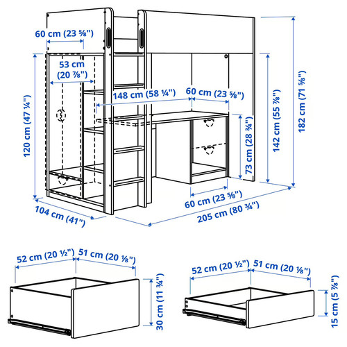 SMÅSTAD Loft bed, white blue/with desk with 3 drawers, 90x200 cm