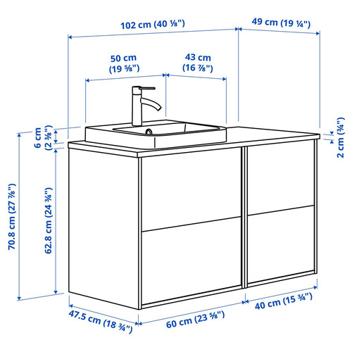 ÄNGSJÖN / BACKSJÖN Wash-stand/wash-basin/tap, oak effect/black marble effect, 102x49x71 cm