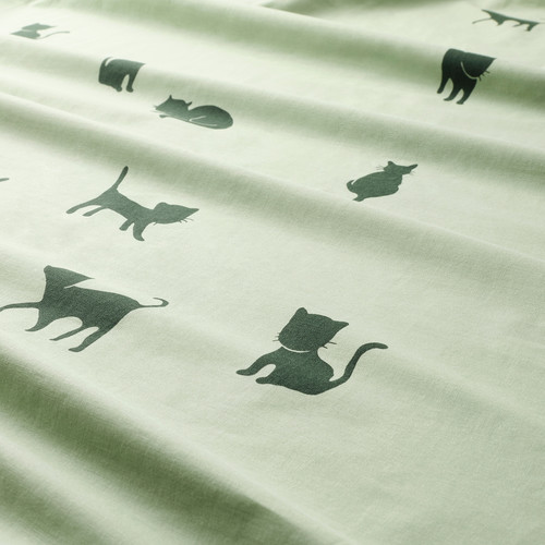 BARNDRÖM Duvet cover and pillowcase, cat pattern, green, 150x200/50x60 cm