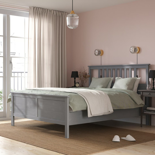 HEMNES Bed frame with mattress, grey stained/Valevåg hard, 140x200 cm