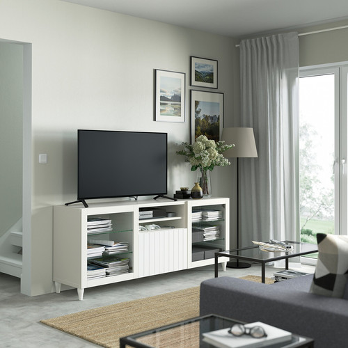 BESTÅ TV bench with drawers, white, Sutterviken/Kabbarp white clear glass, 180x42x74 cm