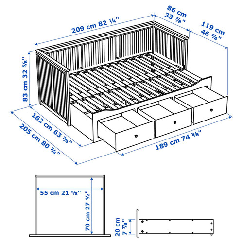 HEMNES Day-bed w 3 drawers/2 mattresses, grey/Åfjäll firm, 80x200 cm