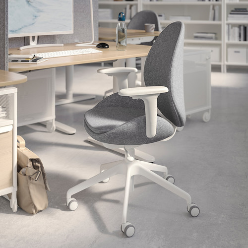 HATTEFJÄLL Office chair with armrests, Gunnared medium grey/white