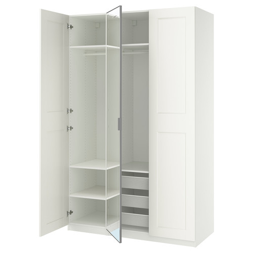 PAX / KAMMARTORP/GRIMO Wardrobe combination, white mirror glass/grey white, 150x60x236 cm