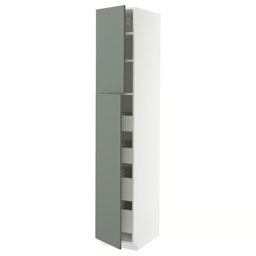 METOD / MAXIMERA Hi cab w 2 doors/4 drawers, white/Nickebo matt grey-green, 40x60x220 cm