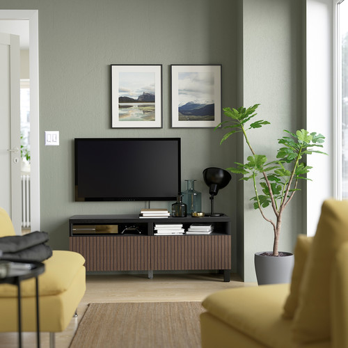 BESTÅ TV bench with drawers, black-brown Björköviken/Stubbarp/brown stained oak veneer, 120x42x48 cm