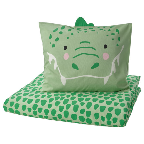 NATTHÄGER Duvet cover and pillowcase, green/crocodile, 150x200/50x60 cm