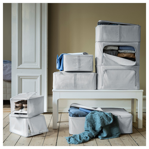 HEMMAFIXARE Storage case, fabric striped/white/grey, 34x51x19 cm