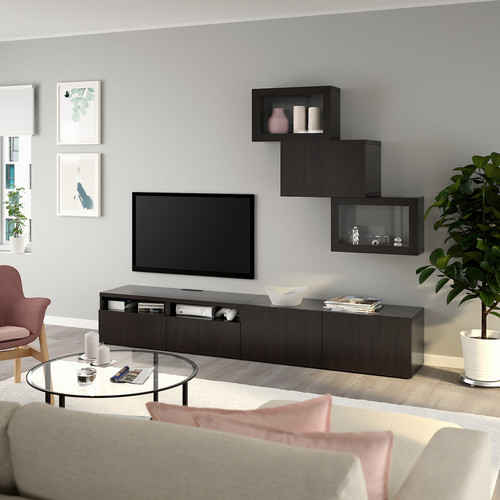 BESTÅ TV storage combination/glass doors, black-brown/Lappviken black-brown clear glass, 240x42x190 cm