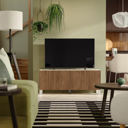 BESTÅ TV bench with doors, white/Lappviken/Stubbarp walnut effect, 120x42x48 cm