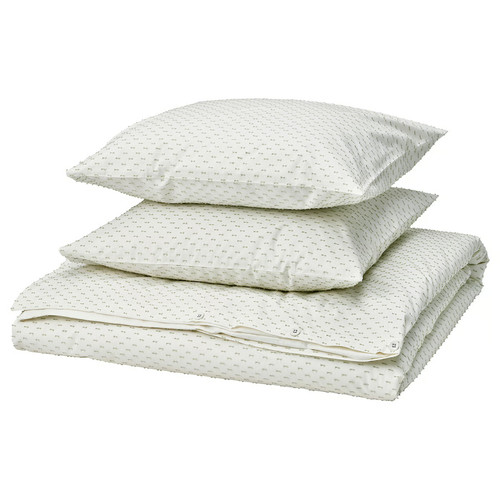 BANDKNIPPE Duvet cover and 2 pillowcases, white/green, 200x200/50x60 cm