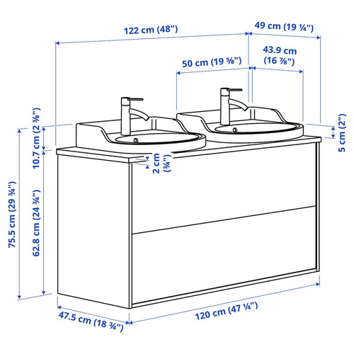 TÄNNFORSEN / RUTSJÖN Wash-stnd w drawers/wash-basin/taps, light grey/white marble effect, 122x49x76 cm