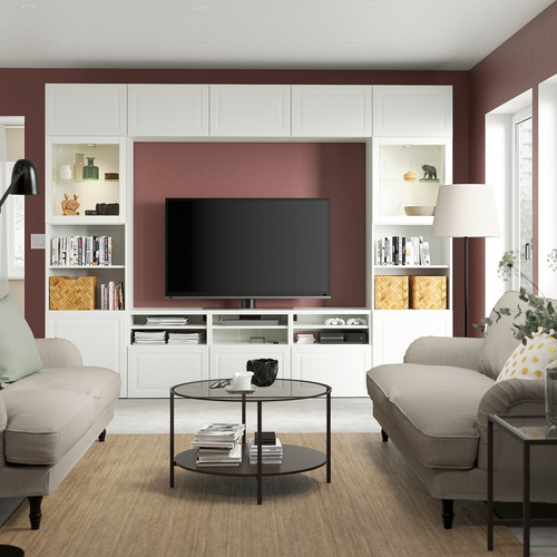 BESTÅ TV storage combination/glass doors, white Smeviken/Ostvik white clear glass, 300x42x231 cm