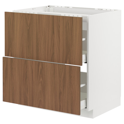 METOD/MAXIMERA Base cab f hob/2 fronts/2 drawers, white/Tistorp brown walnut effect, 80x60 cm