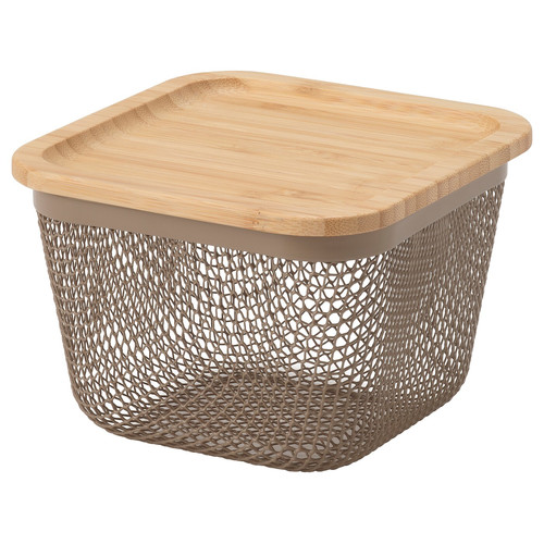 IKEA 365+ Food storage basket with lid, square metal/light grey-brown bamboo, 15x15x11 cm