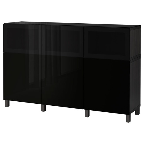 BESTÅ Storage combination with doors, black-brown Selsviken, Glassvik high-gloss/black smoked glass, 180x40x112 cm
