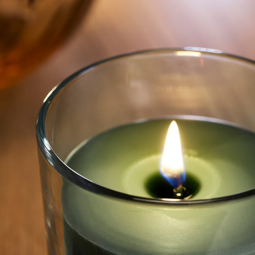 LOTSFÅGEL Scented candle in glass, Fig leaf green, 40 hr