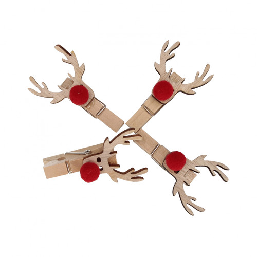 Decorative Wooden Reindeer Clips, 4 pcs