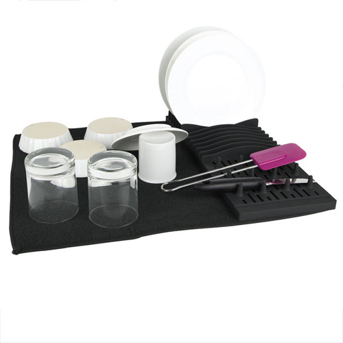 Airy Dish Drying Mat with Folding Rack, black