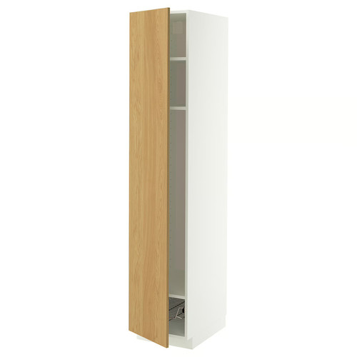 METOD High cabinet w shelves/wire basket, white/Sinarp oak veneer, 40x60x200 cm