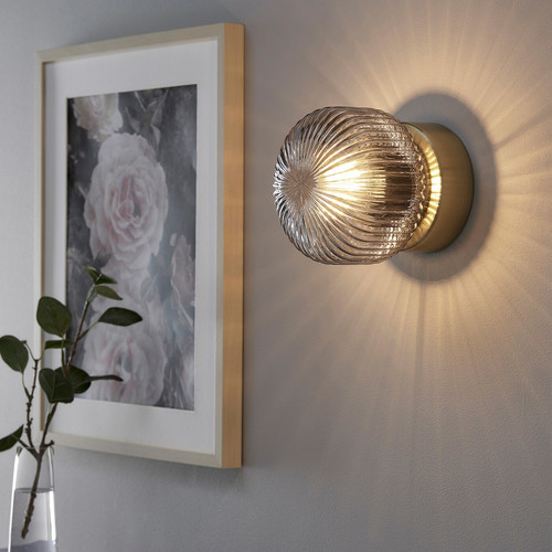 SOLKLINT Wall lamp, wired-in installation, brass, grey clear glass
