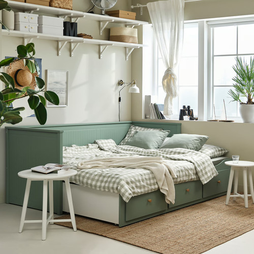 HEMNES Day-bed w 3 drawers/2 mattresses, grey-green/Vannareid firm, 80x200 cm
