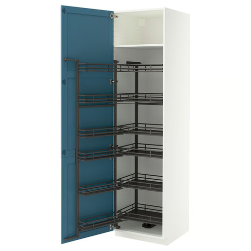 METOD High cabinet with pull-out larder, white/Lerhyttan blue, 60x60x220 cm