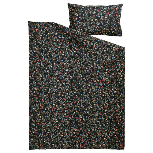 BRUDKRUSBÄR Duvet cover and pillowcase, black multicolour/floral pattern, 150x200/50x60 cm