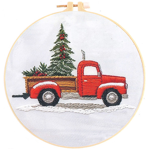 DIY Embroidery Kit: Red Pickup Truck with Christmas Tree