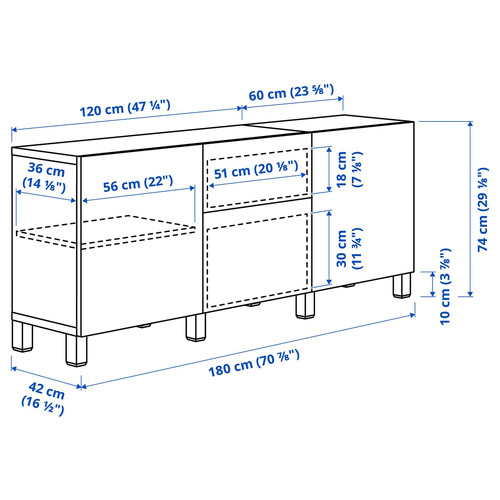 BESTÅ Storage combination with drawers, Laxviken white/Selsviken high-gloss/white, 180x40x74 cm