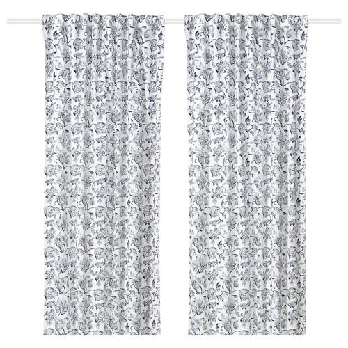 DOVREFIBBLOR Curtains, 1 pair, white/dark blue, 145x300 cm