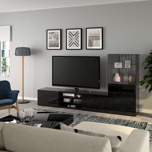 BESTÅ TV storage combination/glass doors, black-brown/Selsviken high-gloss/black clear glass, 240x42x129 cm