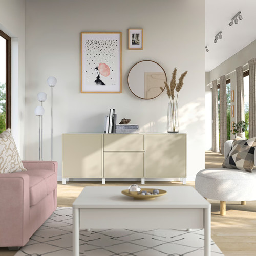 BESTÅ Storage combination with drawers, Krukmakare beige/Stubbarp white, 180x42x74 cm