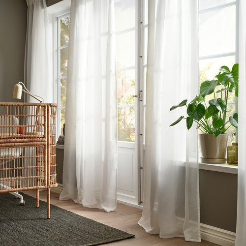 STENFRÖ Sheer curtains, 1 pair, white/with heading tape, 145x300 cm