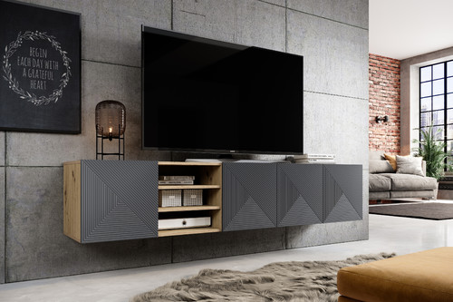 Wall-Mounted TV Cabinet with Shelves Asha 200 cm, artisan/rivier stone mat