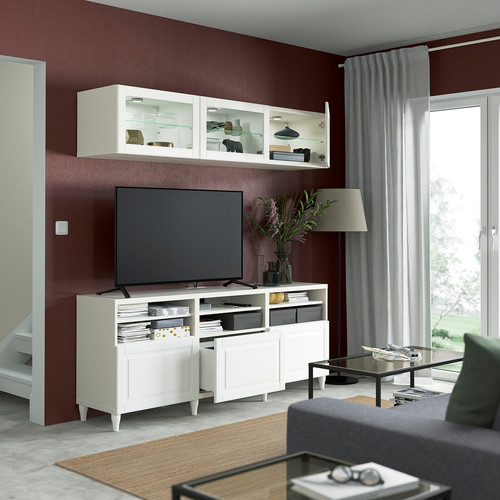 BESTÅ TV storage combination/glass doors, white/Smeviken/Kabbarp white clear glass, 180x42x192 cm