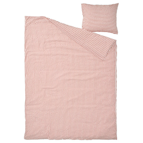 SMÅNUNNEÖRT Duvet cover and pillowcase, red-brown white/striped, 150x200/50x60 cm