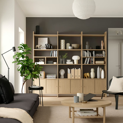 LÅDMAKARE Storage combination w sliding doors, with 2 shelf inserts/oak effect, 238x35x212 cm