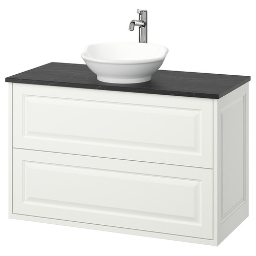 TÄNNFORSEN/VÄSTERSJÖN Wash-stnd w drawers/wash-basin/tap, white/black marble effect, 102x49x79 cm