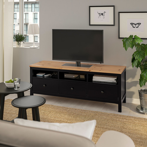HEMNES TV bench, black-brown, light brown, 148x47x57 cm