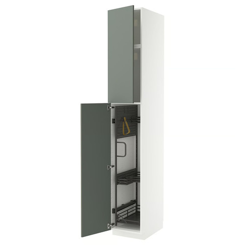 METOD High cabinet with cleaning interior, white/Nickebo matt grey-green, 40x60x240 cm