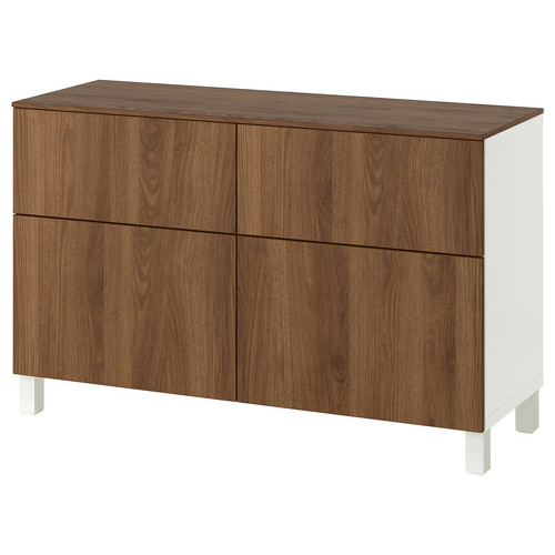 BESTÅ Storage combination w doors/drawers, white/Lappviken/Stubbarp walnut effect, 120x42x75 cm