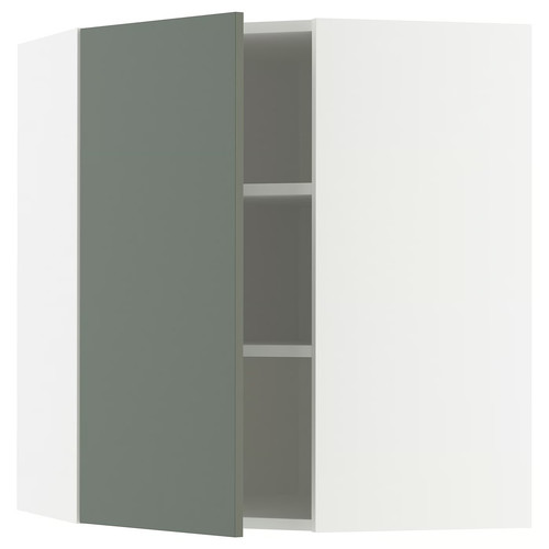 METOD Corner wall cabinet with shelves, white/Nickebo matt grey-green, 68x80 cm