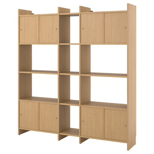 LÅDMAKARE Storage combination w sliding doors, with 7 shelves/oak effect, 198x35x212 cm